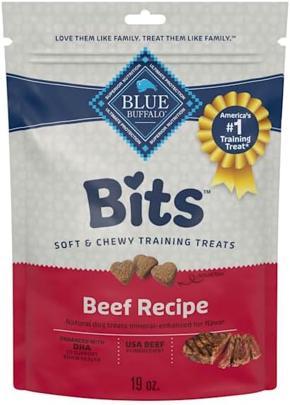 Blue Buffalo Bits Beef Soft & Chewy Dog Treats, Bite-Sized for Training, Made with Real Beef & Enhanced with DHA, Heart-Shaped Dog Treats, Made in the USA with Natural Ingredients, 19 oz.