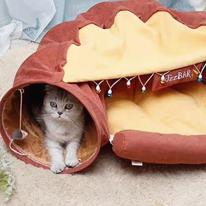 LEFTSTARER 2-in-1 Collapsible Cat Tunnel for Indoor Bed and Hideout - Pet Dog Rabbit Bunny Ferret Tunnel Tubes Toys with Removable Washable Mat, Tower Wheel Stuff