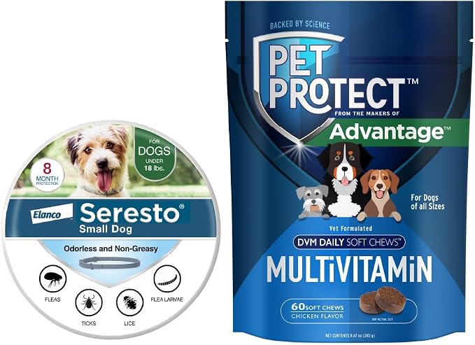 Bundle of Seresto Small Dog Vet-Recommended Flea & Tick Treatment & Prevention Collar for Dogs Under 18 lbs. | 8 Months Protection + Pet Protect Vet-Formulated Daily Multivitamin for Dogs | 60 Chews