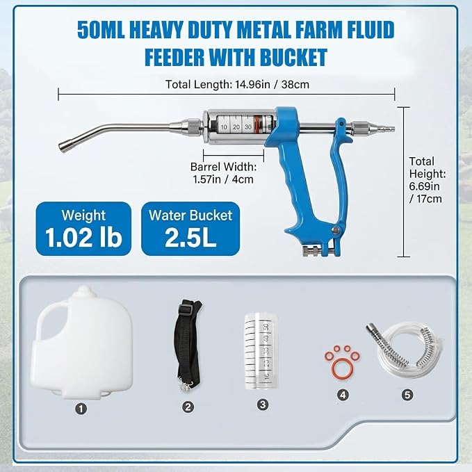 50ml Adjustable Veterinary Metal Liquid Feeding Dispenser, Continuous Dosing Applicator for Sheep, Cow, Pig, Horse | Heavy-Duty Reusable Livestock Supplementation Tool