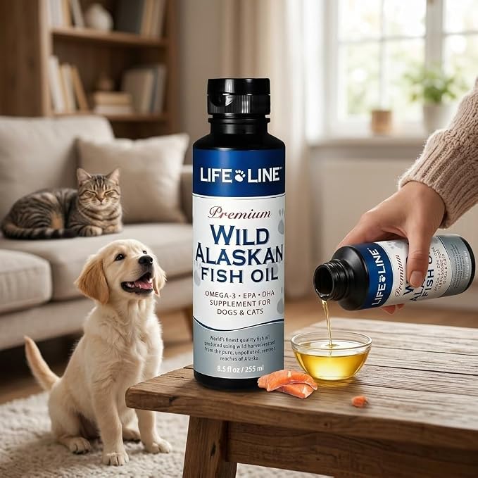 Life Line Pet Nutrition Wild Alaskan Fish Oil Omega-3 Supplement for Skin & Coat – Supports Brain, Eye & Heart Health in Dogs & Cats, 8.5oz
