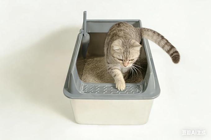Open Stainless Steel Cat Litter Boxs 21.7" Lx 12.6" W x 11.8" H with Scoop.Particularly Well-Suited to Large Cats