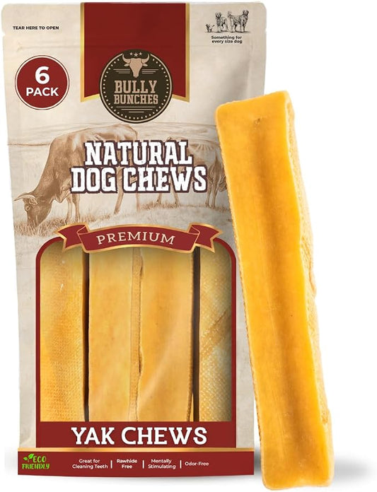 Bully Bunches Large Authentic Yak Cheese Himalayan Chews for Large Dogs & Heavy Chewers - All Natural Dog Treat Dental Chews, Made with Real Yak Milk - Lactose & Rawhide Free (6 Pk)