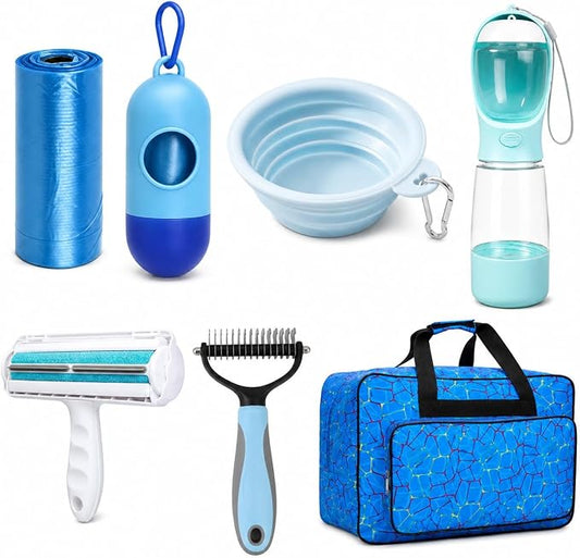 PawKit- All-in-one Dog Travel and Grooming Kit:- Deshedding Rake, Portable Water Bottle Feeder, Pet Hair Lint Roller, Collapsible Bowl, Poop Bag Dispenser, and a Travel Storage Bag. (Blue)