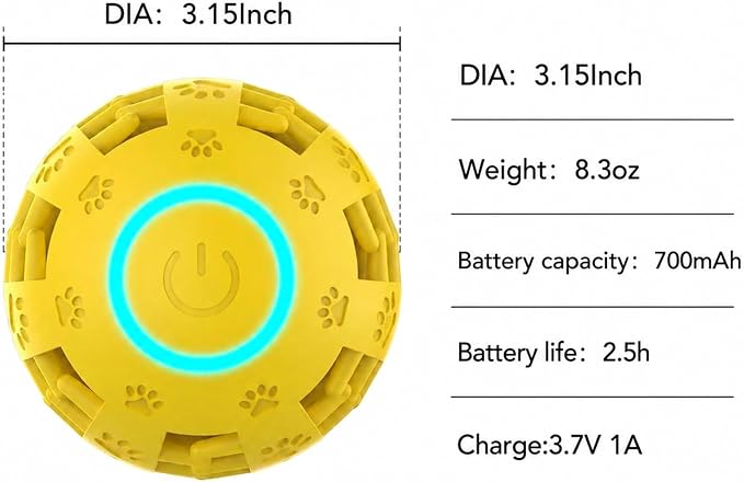 Interactive Dog Toy Ball, Durable Motion Activated Automatic Moving Ball for Small/Medium/Large Dogs, Rechargeable Dog Treat Ball with LED Lights, 2 Play Modes to Keep Your Dog Busy (Yellow)