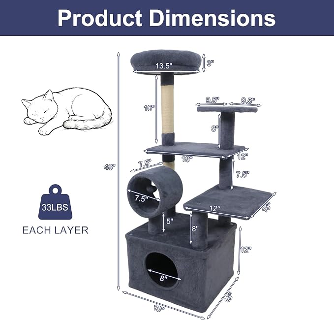 Tangkula Cat Tree Tower, 48 Inch Multi-Level Cat Tower with Large Condo, Sisal Scratching Post, Padded Top Perch, Tunnel, Hanging Ball, 3 Jumping Platforms for Indoor Cats (Dark Gray)