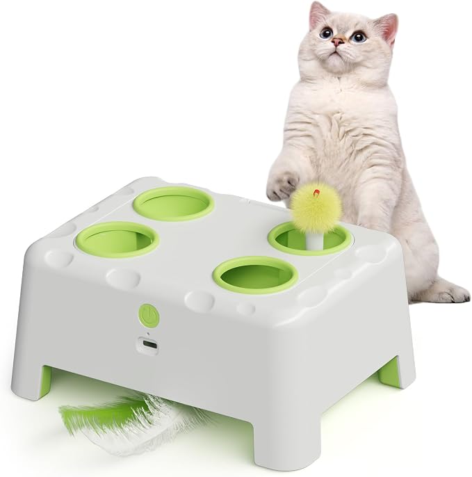 Magic House Interactive Cat Toy with 3 Modes, Rechargeable Whack-a-Mole Feather Toy for Indoor Cats, 4 Holes & 4 Accessories