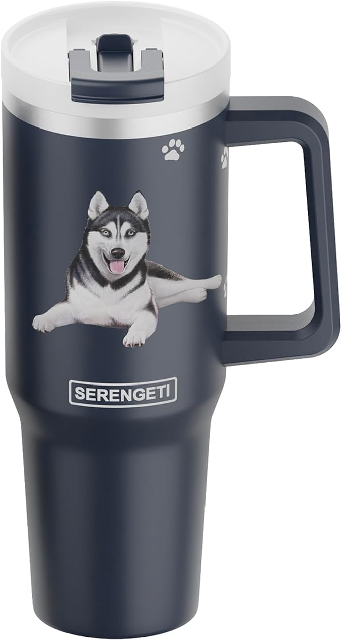SERENGETI 40 Oz Ultimate Tumbler with Handle and Straw - Vacuum Insulated Tumbler with Straw and Lid - Stainless Steel Travel Mug for Pet Lovers - 3D Designs of your favorite Dog (Siberian Husky)
