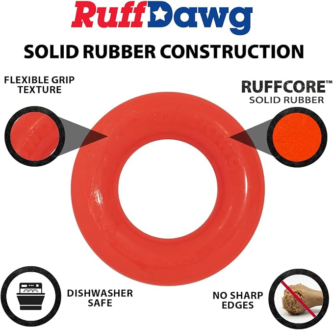 Ruff Dawg Indestructible Dawg-Ring XL 8” 1pc Color Varies – Heavy-Duty Solid Rubber Tug & Fetch Toy for Dogs 40 lbs & Up – Floats & Bounces – Made in USA