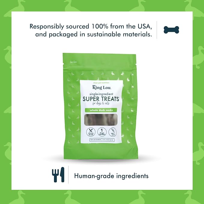 King Lou Pets - Whole Duck Necks for Dogs & Cats - Dehydrated Dog Treats - USA-Made Dental Chews for Dogs - Protein-Rich Collagen Snacks, 5 Count