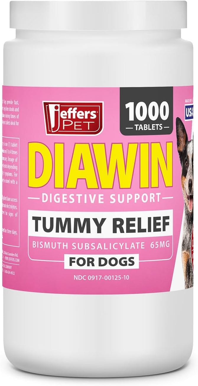 Jeffers Pet Diawin Dog Digestive Support Tablets, Veterinary Formulated, Bismuth Tummy Relief for Diarrhea for Dogs, Stool Firming, Gut Health, Made in USA - 1000 Tablets