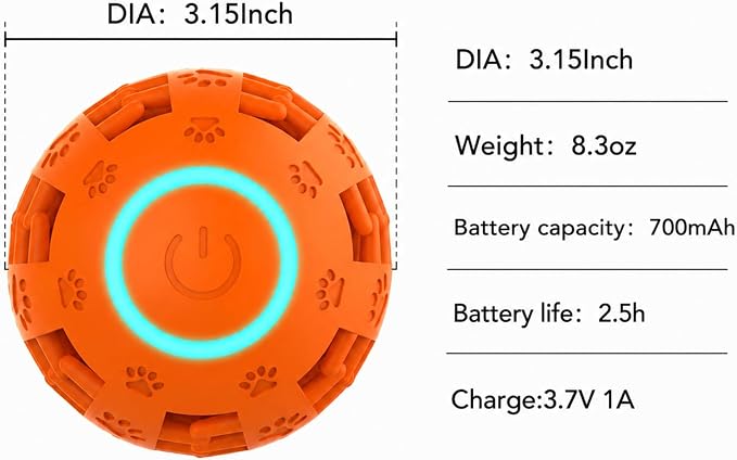 Interactive Dog Toy Ball, Durable Motion Activated Automatic Moving Ball for Small/Medium/Large Dogs, Rechargeable Dog Treat Ball with LED Lights, 2 Play Modes to Keep Your Dog Busy (Orange)