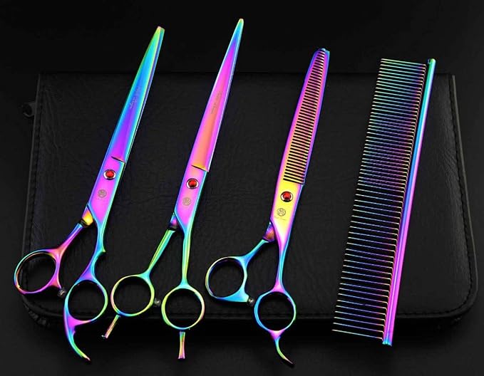 Purple Dragon 8.0" Titanium Multicolor Professional Pet Grooming Scissors Set,Straight & Thinning & Curved Scissors Shear with Bag for Dog Cat Grooming
