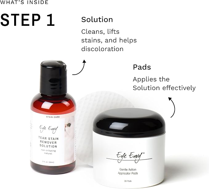 Eye Envy Cat Tear Stain Remover Starter Kit. Gentle, Natural, Safe. Contains: Stain Solution, Applicator Pads, and Stain Powder. Tear Stain Cleaning Kit. Lasts 30-45 Days. Made in USA