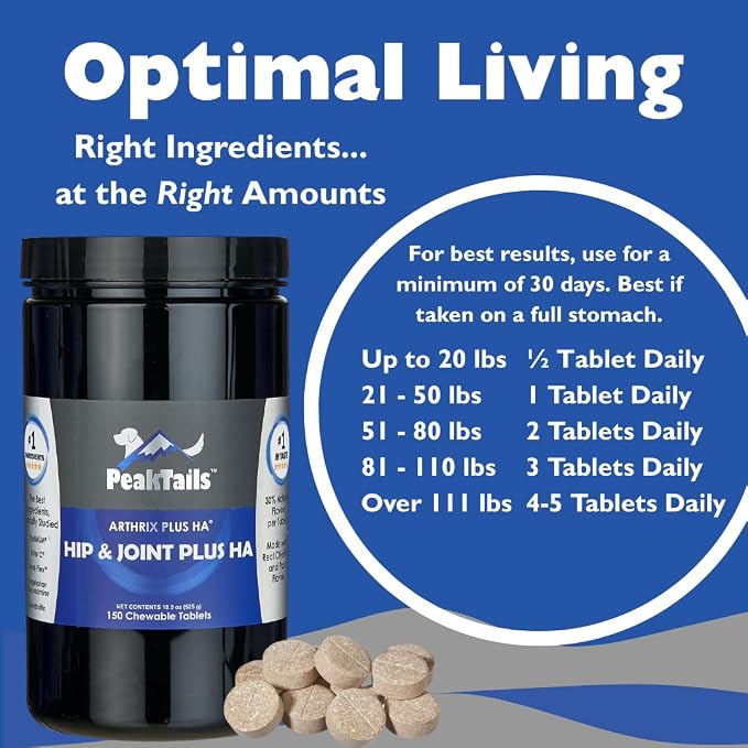 KALA HEALTH PeakTails Hip & Joint Plus HA for Dogs – 150 Tablets, Glucosamine, Chondroitin, OptiMSM, Ester-C & Hyaluronic Acid – Supports Joint Mobility & Comfort