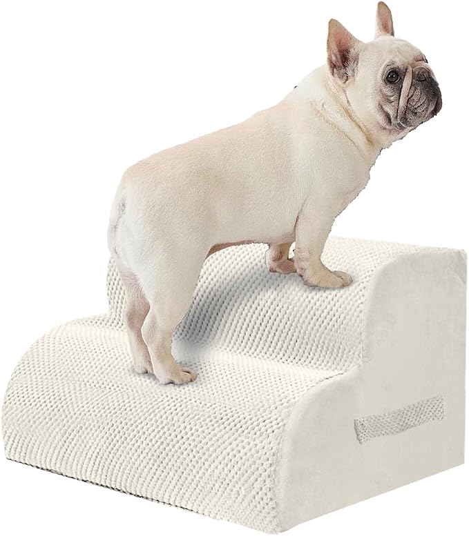 PAWSCRAT Dog Stairs for Small Pets, 11.8" H with 30D Material Soft Foam, Portable Ramp Non-Slip Surface Non-Slip for Couch and High Bed Climbing, 2-Step Stairs for Cat or Dog, Beige