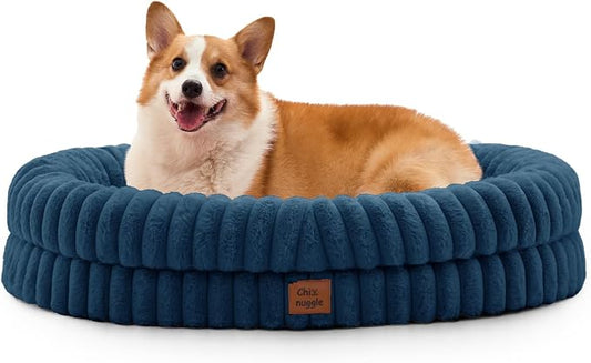 ChiXnuggle Orthopedic Dog Bed for Large Dogs, Waterproof Faux Rabbit Fur Dog Couch with Egg Crate Foam Support and Washable Removable Cover, Bolster Pet Sofa with Non-Slip Bottom, 35x28x7, Navy