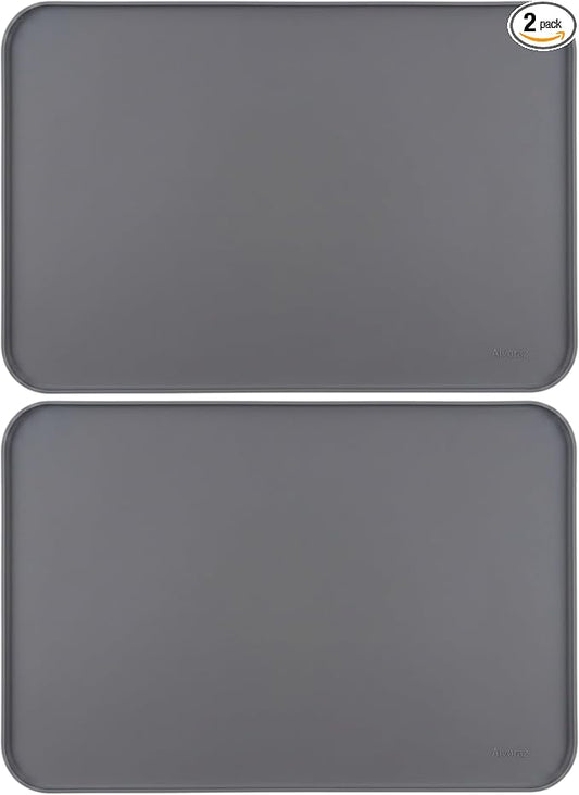 Silicone Pet Feeding Mat 2 Pack 19 x 12 Inch Waterproof Dog & Cat Food Mat with Raised Edge, Non Slip BPA Free Dog Bowl Mat for Food and Water Bowls, Spill Proof Floor Protector (Grey)