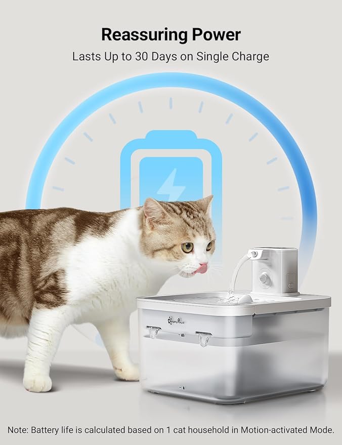 DownyPaws Cat Water Fountain Cordless, 84oz/2.5L Fursink Wireless Pet Water Fountains for Cats Indoor, Battery Operated Cat Drinking Fountain with Motion Sensor, Ultra Quiet Pump, BPA-Free, White