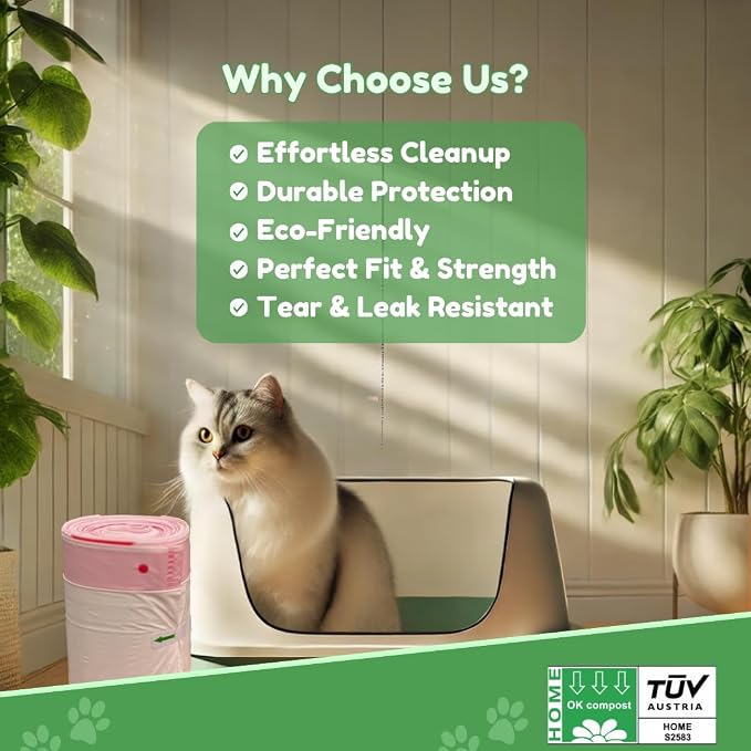 Cat Litter Box Liners - 100% Compostable - Drawstring Close - Scent Free - Jumbo Size XL (36" L x 18" W) - 40 Micron (1.6 Mil) Heavy Duty - 20 Count - Scratch, Tear & Leak Resistant