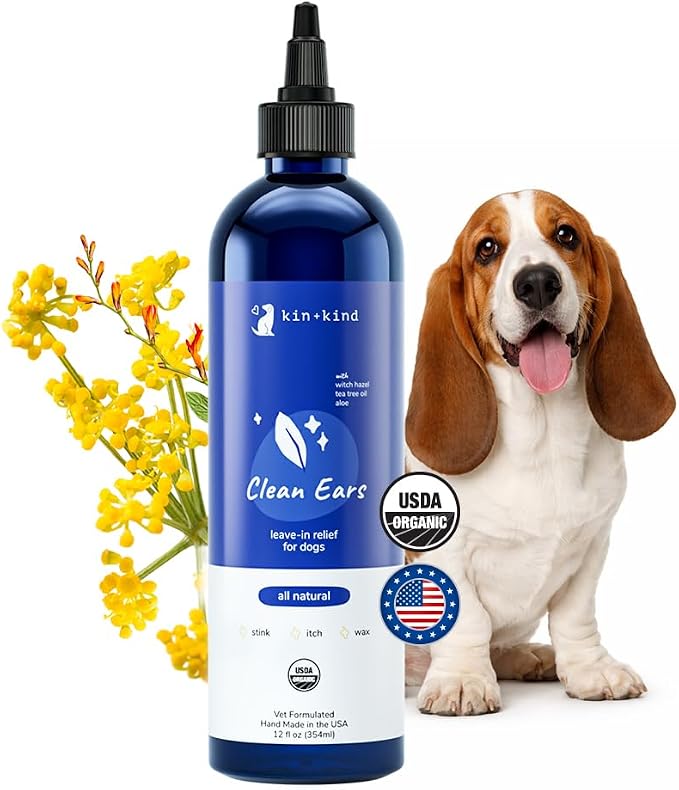 kin+kind Clean Ears - Natural Leave-in, No-Rinse Dog Ear Cleaner Solution - USDA Organic, Non-Greasy - 12 fl oz