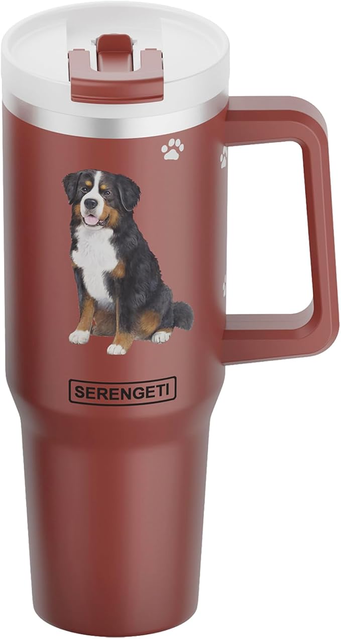 SERENGETI 40 Oz Ultimate Tumbler with Handle and Straw - Vacuum Insulated Tumbler with Straw and Lid - Stainless Steel Travel Mug for Pet Lovers - 3D Designs of your favorite Dog (Bernese Mt. Dog)