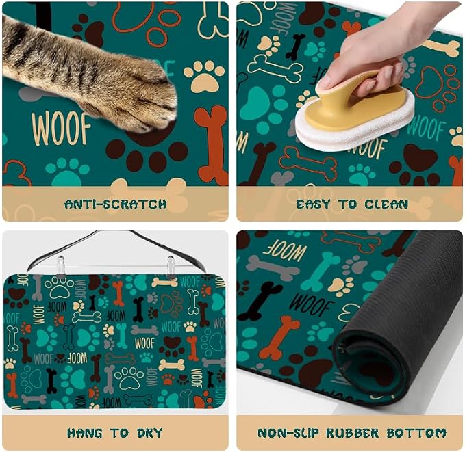 Dog Food Mats for Floors Waterproof, Pet Water Bowl Mats Pet Feeding Absorbent Placemats Green 12 * 20 inch