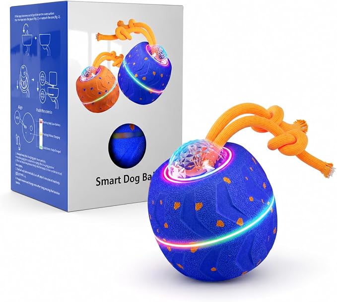 Smart Dog Ball E-TPU Interactive Dog Ball, Automatic Rolling with LED Glow (Blue, Oval)
