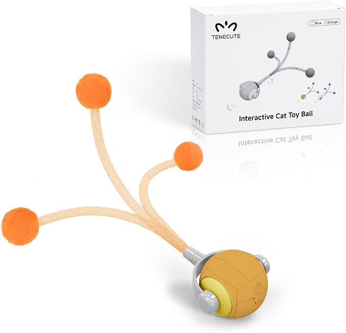 Cat Toys for Indoor Cats, Interactive Cat Toy Ball with Pom-Pom Tails, Automatic Cat Toy Self Play Exercise Toy to Relieve Boredom for Kitten & Adult Cats (Orange)