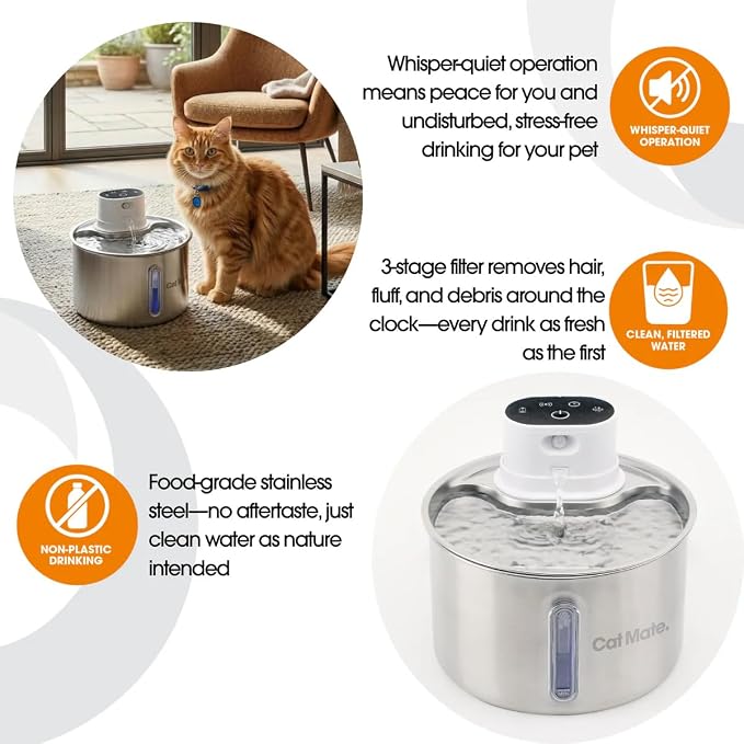 Cat Mate 2 Litre Stainless Steel Cat Water Fountain – Automatic Pet Water Dispenser for Cats, Filtered Drinking Fountain, Battery Operated