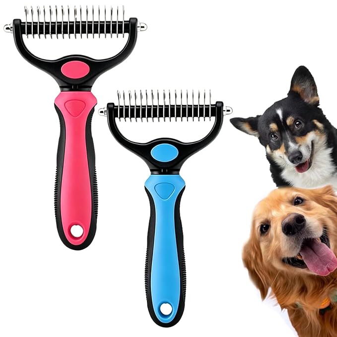 Universal Pet Detangling Comb for Dogs — Double-Sided Stainless Steel Grooming Tool for Coat Care, Dematting Comb for Dogs and Cats (2PC Blue+Pink)