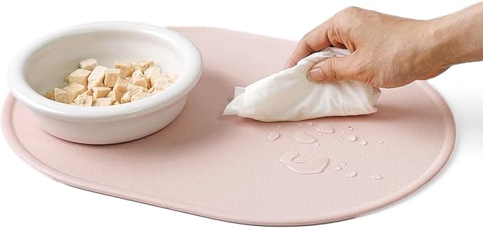 Silicone Pet Feeding Mat for Cats & Small Dogs, Non-Slip Waterproof Dog & Cat Bowl Mat with Raised Spill Edge, Made in Korea (Powder Pink, 15.7" × 11.4")