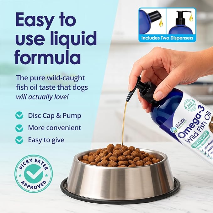 Liquid Fish Oil for Dogs with Omega 3, 6 & 9 Fatty Acids, Wild Caught from Iceland, Skin and Coat Supplement for Shedding, Itchy Skin, Allergies, Brain and Heart Health, Rich in EPA + DHA - 32 oz