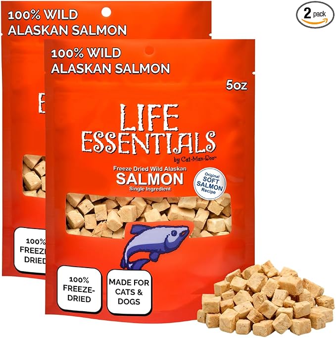 Life Essentials by Cat-Man-Doo | Salmon - 2 Pack of 5oz. Bags | Freeze Dried Salmon Cat & Dog Treats | Healthy, Single Ingredient, Training Treats, High Protein