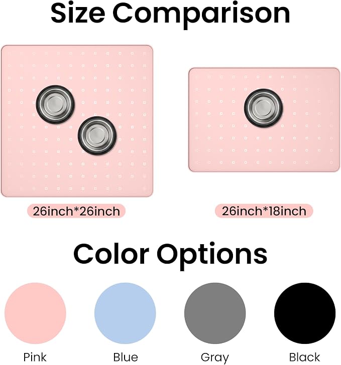 Silicone Pet Feeding Mat, 26x26 Inch Waterproof Dog Bowl Mat – Non-Slip, Machine Washable, Thin 0.28 Inch Edge for Messy Eaters, Protects Hardwood & Tile Floors, Pink