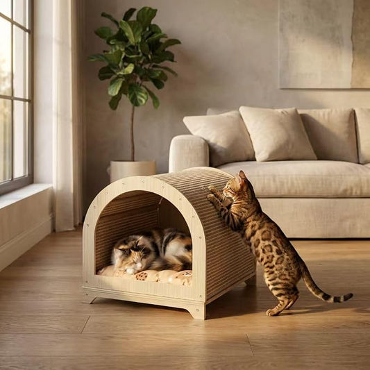 Modern Cat House for Indoor Cats, 2-in-1 Cat Scratcher Lounge with Cozy Cushion, Wooden Furniture Style Cat Condo Bed for Cats & Kittens