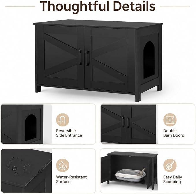 Homhedy Cat Litter Box Enclosure, Wooden Cat Washroom Furniture with Barn Door, Pet House, Fit Most of Litter Box, Black