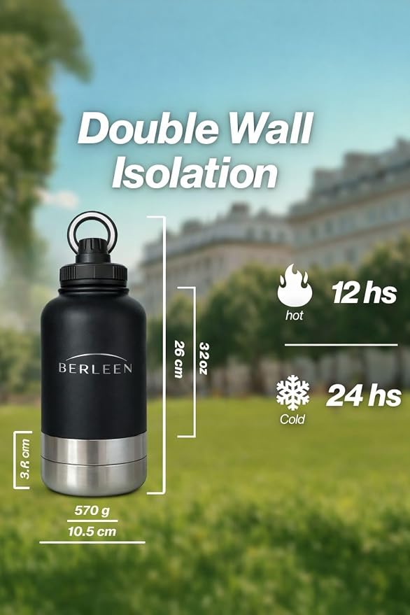 BERLEEN 3-in-1 32 oz Insulated Dog Water Bottle with Magnetic Lid, Bottle with Detachable Stainless Steel Bowls – Portable Travel Water & Food Container for Dogs, Leakproof, Ideal for Walking (Brown)