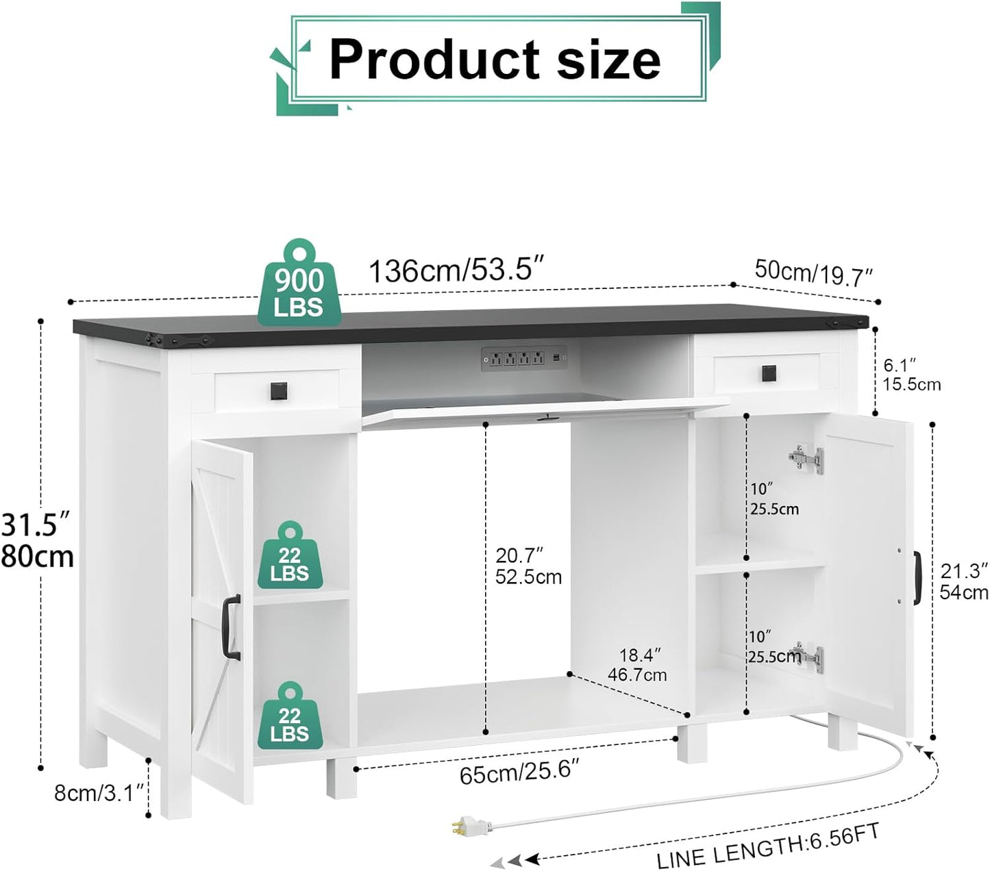 55-75 Gallon Aquarium Stand With Charging Station, Farmhouse Fish Tank Stand, Reptile Tank Stand Terrarium Stand with Drawer and Cabinet Storage, Sturdy Heavy Duty 53.5"×19.7" Tabletop - White