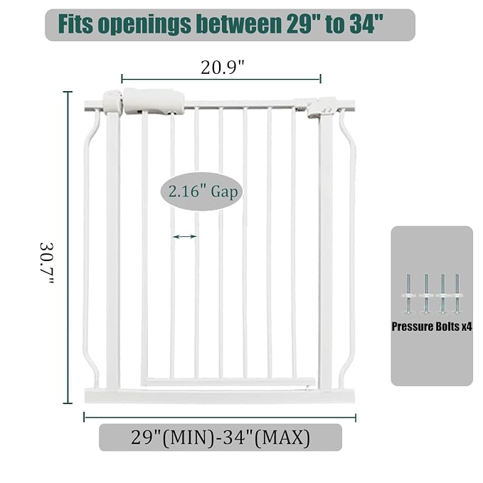 Baby Gate for Stairs and Doorways, 29-34" Dog Gates for The House, Pressure Mounted Indoor Pet Gate with Walk Thru Door, Auto Close Child Safety Gate, White