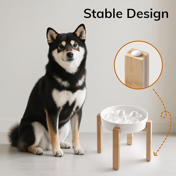Slow Feeder,Ceramic-Slow Feeder Dog Bowls Elevated for Medium Breed,2.5 Cups Slow Feed Dog Bowl with Stand,Matte White