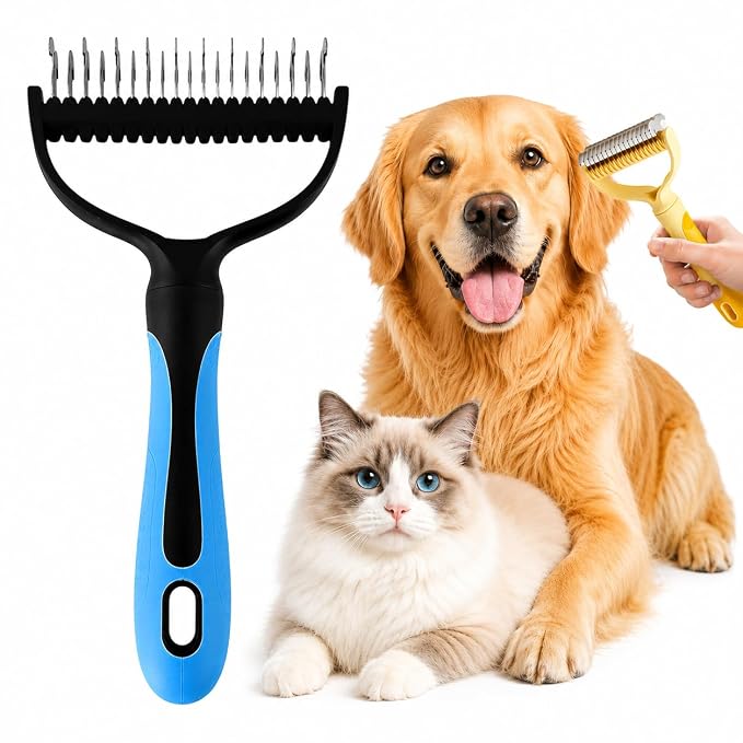 Dematting Comb for Dogs and Cats, 2026 Upgrade Undercoat Rake Pet Brush for Long Hair, Deshedding Dog Brush Removes Tangles Knots and Loose Fur, Grooming Tool for Thick Coats (Gray) (Blue,1Pcs)