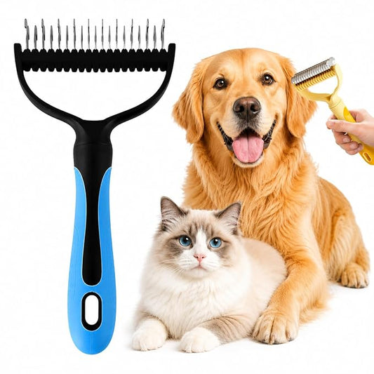 Dematting Comb for Dogs and Cats, 2026 Upgrade Undercoat Rake Pet Brush for Long Hair, Deshedding Dog Brush Removes Tangles Knots and Loose Fur, Grooming Tool for Thick Coats (Gray) (Blue,2Pcs)