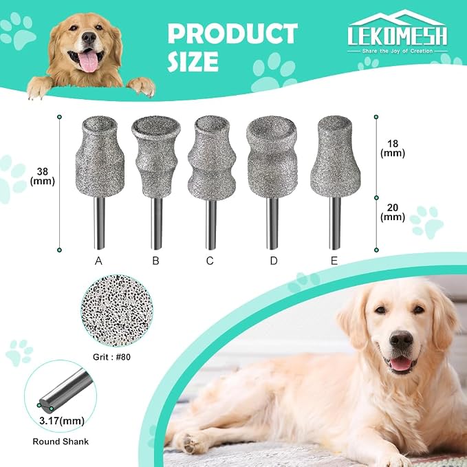 Dog Nail Grinder Bits - 1/8" Animal Diamond Rotary Bit for Dogs and Cats, Pet Nail Grinder Wheel Bits for Home Grooming Tools and Animal Nail Care