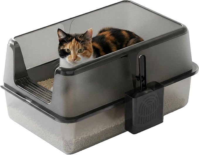 Metal Cat Litter Box, Large Enclosed Stainless Steel Litter Box with Lid & Side Litters Filter, Anti-Leak Non-Stick Design, Includes Scoop for Cats 6'' Deep Black-A