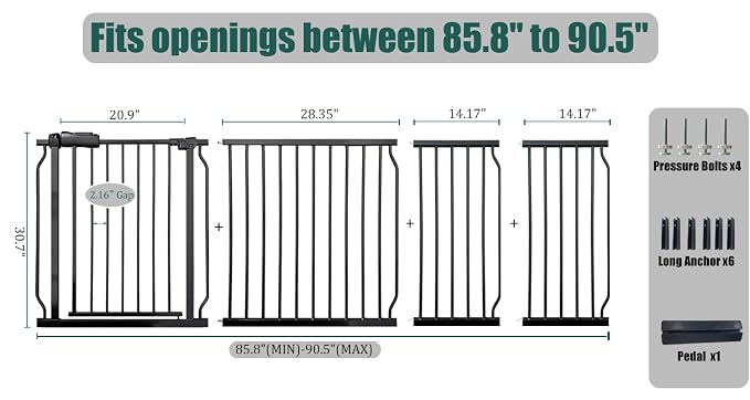 Extra Wide Baby Gate 85.8-90.5" Dog Gate Indoor Pressure Mounted No Drill Safety Gate for Large Entries, Kitchen,Stairs & Doorways, Black Metal Indoor Pet Gate for Kids & Dogs