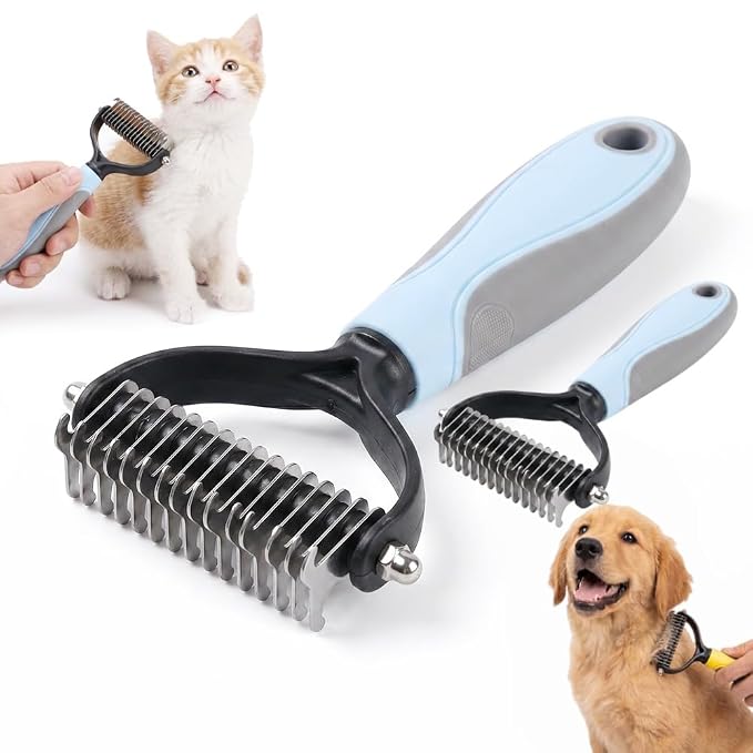 2 Pack Dual Sided Pet Grooming Comb for Dogs Cats, 2026 New Pet Pro Grooming Tool, Multifunctional V Tooth Deshedding Comb, Pets Detangling Comb for Pet Owners (Blue)