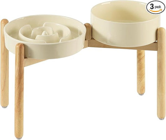 Havniva 9.5” Raised Slow Feeder Dog Bowls Set, 3.2 Cups Ceramic Slow Feeder Dog Bowl and 8.2” Dog Water Bowl with Elevated Wooden Stand Puzzle Dog Food Bowl for Large Dogs Anti-Gulping & Anti-Choking