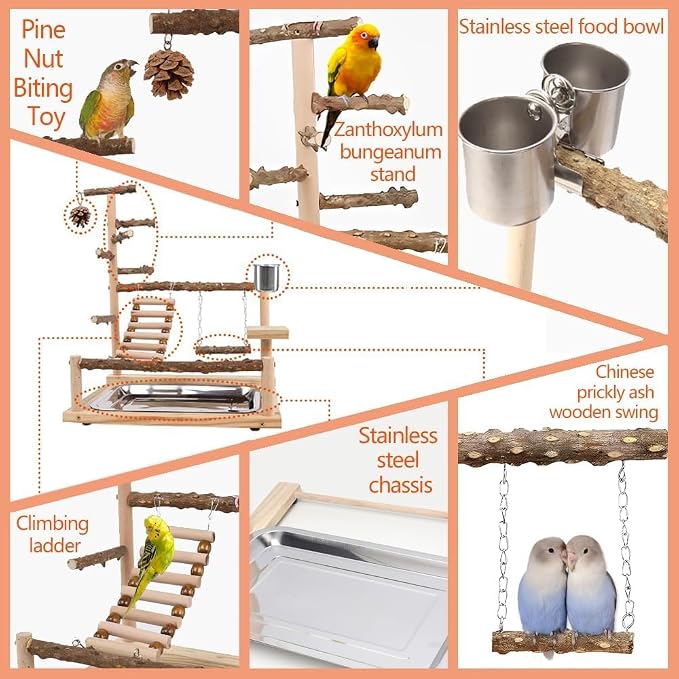 Bird Playground Parrot Playstand, Parrot Stand,Bird Wood Tall Standing Block,Game Table with Feeder… (G-500)