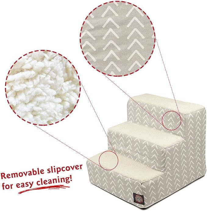Majestic Pet 3 Step Portable Dog Stairs for Small Dogs to get on Bed Supports 25 lbs or Less – Dog Steps for High Bed with Machine Washable Cover – Pet Stairs for Cats Boho Arrow Light Gray